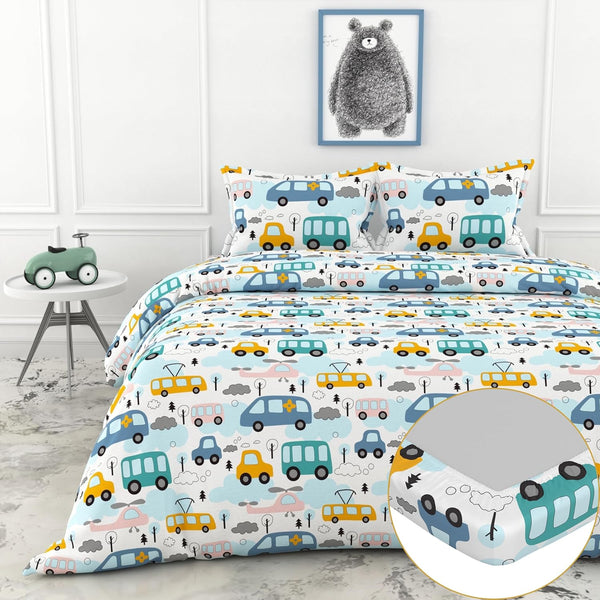 Loreto Cotton King Fitted Bedsheet | Bubblegum Blue Bus & Banana Yellow Cars