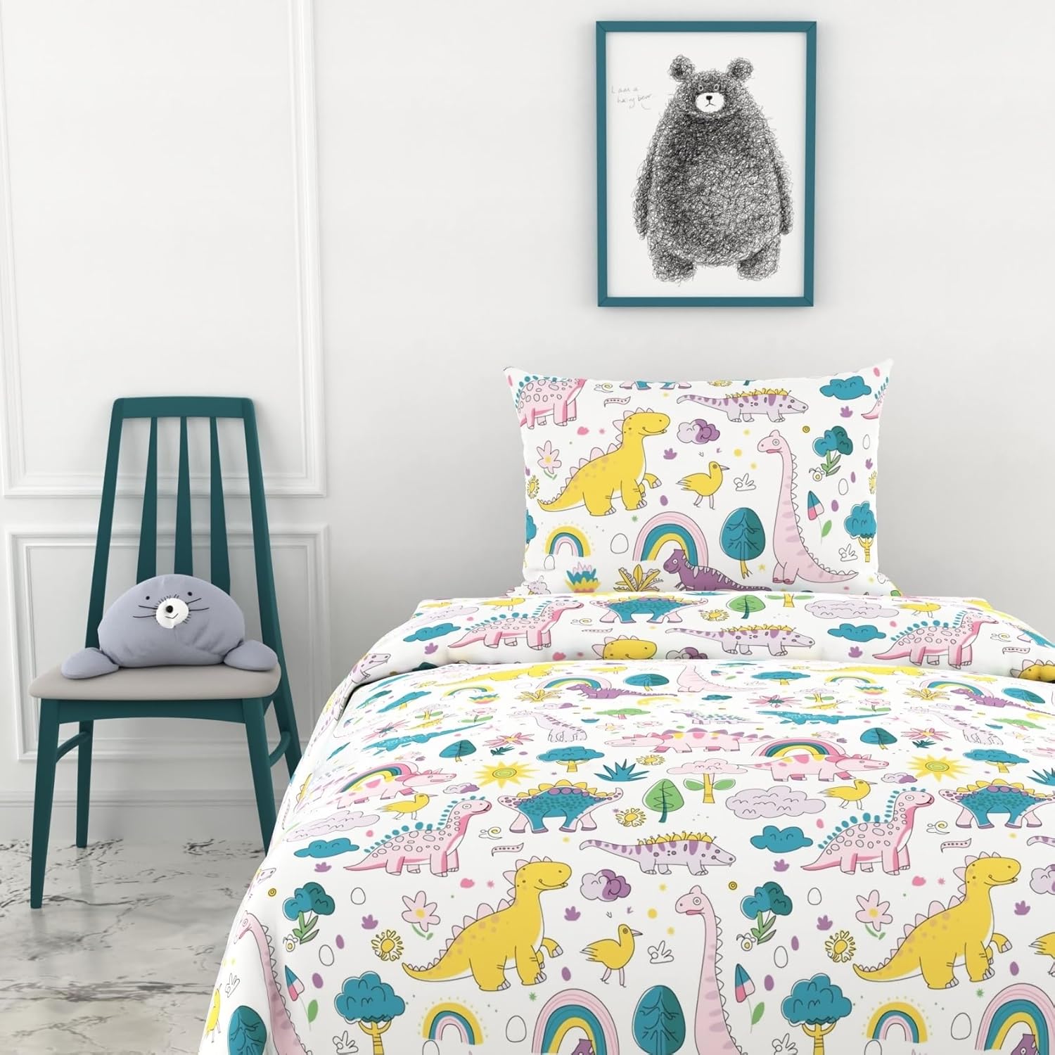Rainbow Dino Fun Soft & Breathable 100% Cotton Flat Single Bedsheet, 144 TC