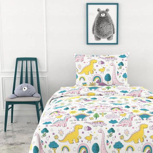 Rainbow Dino Fun Soft & Breathable 100% Cotton Flat Single Bedsheet, 144 TC