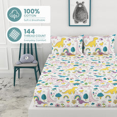 Rainbow Dino Fun & Deep Blue Olive Waves 100% Cotton Double Fitted Bedsheet with 2 Pillow Covers, 144 TC, 78 x 60 Inches