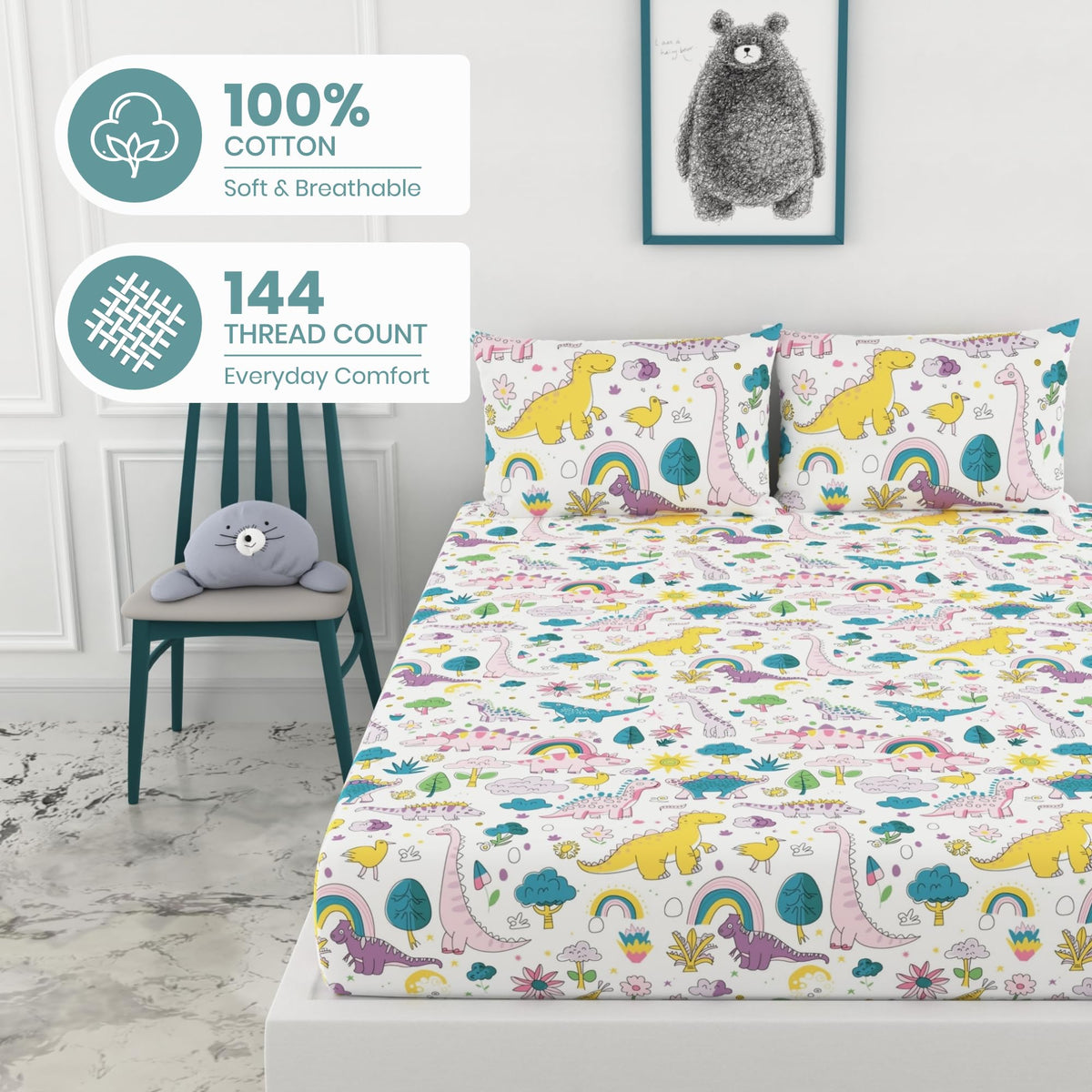 Rainbow Dino Fun & Deep Blue Olive Waves 100% Cotton Double Fitted Bedsheet with 2 Pillow Covers, 144 TC, 78 x 60 Inches