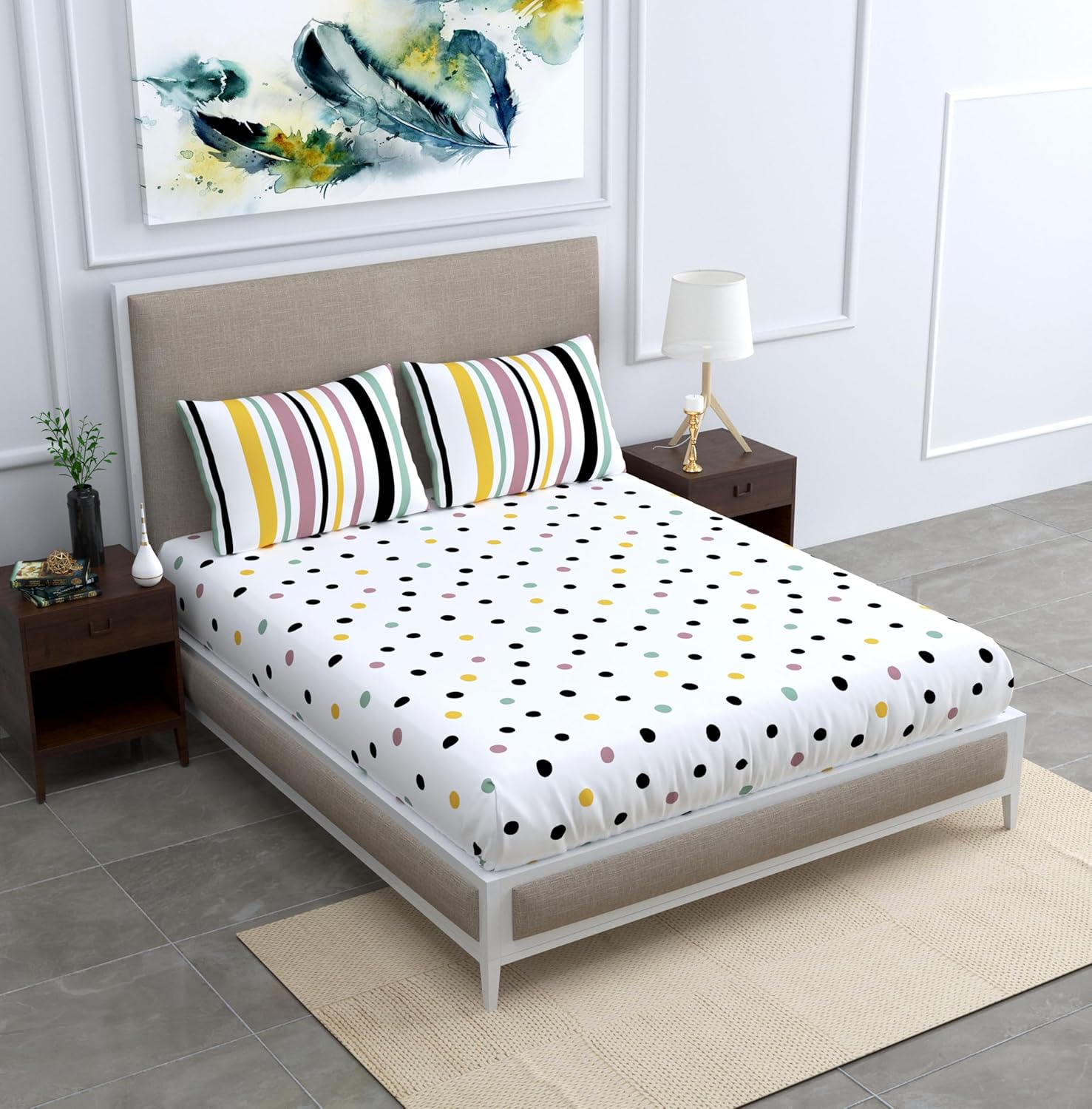 Lemon Drops with Black Polka Dots 100% Cotton Flat Double Bedsheet, 144 TC