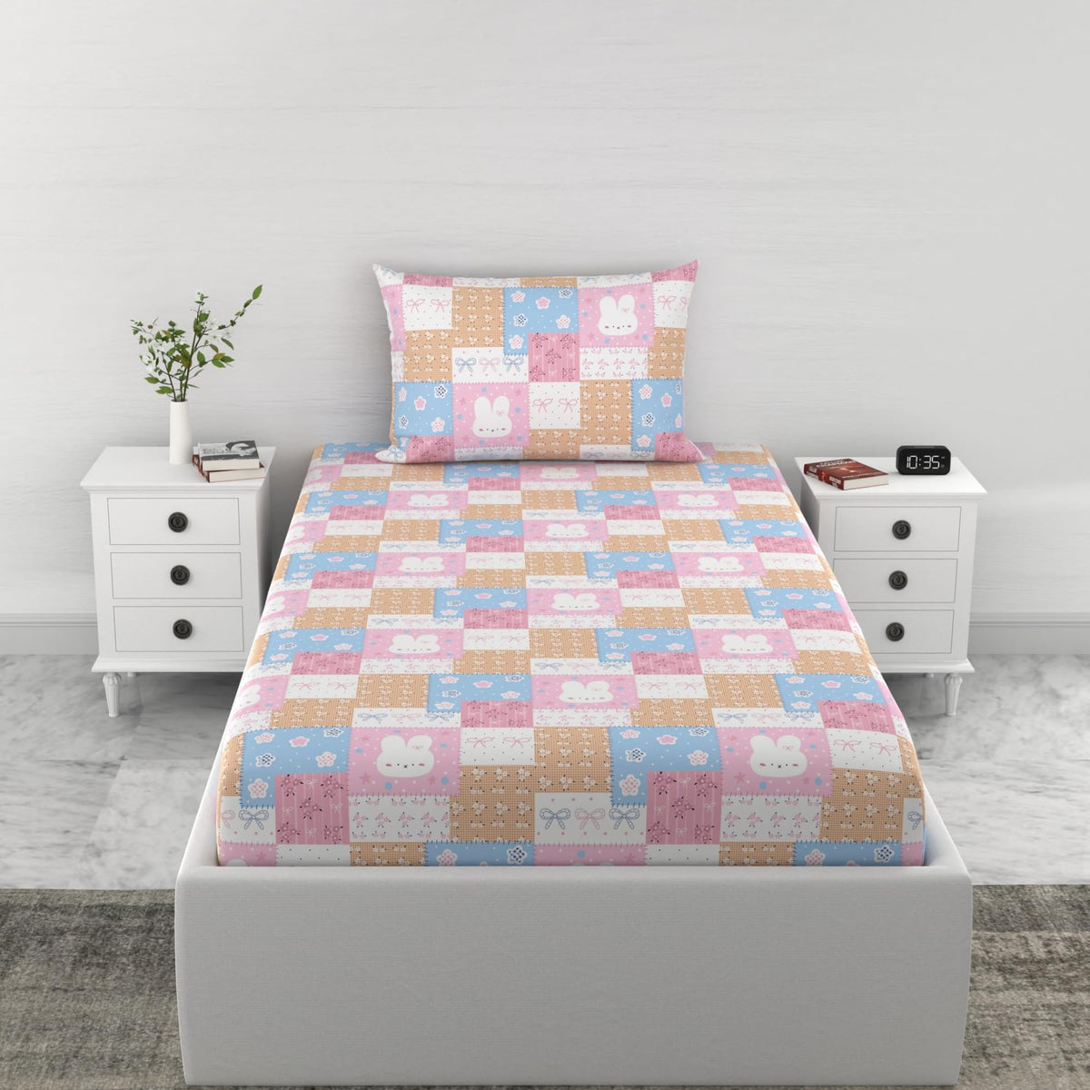 Loreto Pastel Pink Blue Bunny Patchwork Single Fitted Bedsheet | 144 TC | 100% Cotton | Fits 72 x 36 Inches | 8 Inch Pocket - main product image
