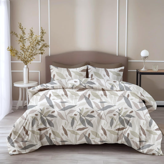Grey Leaf Double Bedsheet - 210 TC 100% Cotton with 2 Pillow Covers (90 x 90 Inches)