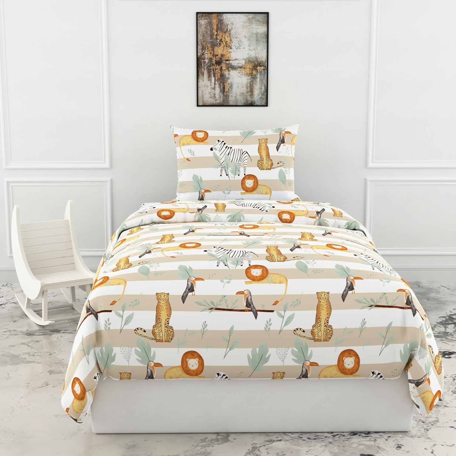 Loreto Cotton Single Bedsheet | Jungle Beige & Green Adventure Soft & Breathable