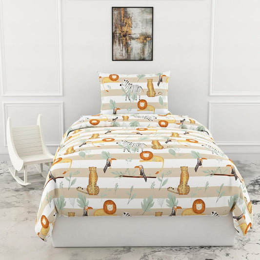 Loreto Cotton Single Bedsheet | Jungle Beige & Green Adventure Soft & Breathable