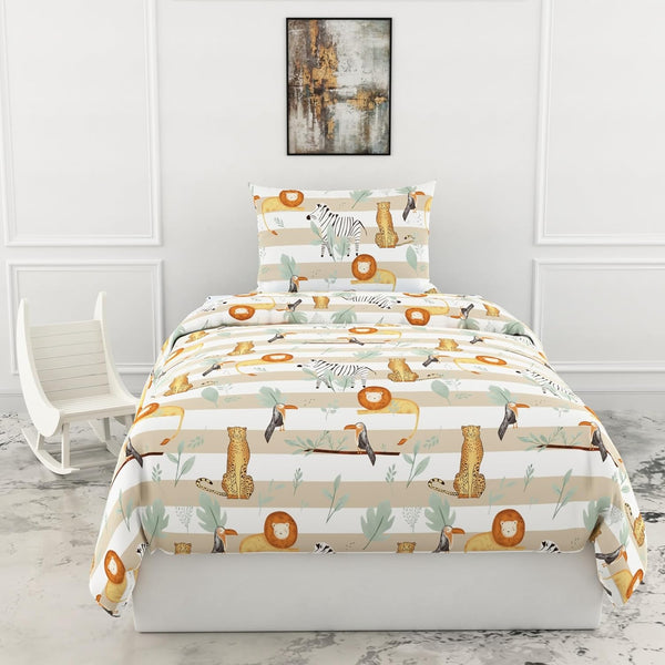Loreto Cotton Single Bedsheet | Jungle Beige & Green Adventure Soft & Breathable