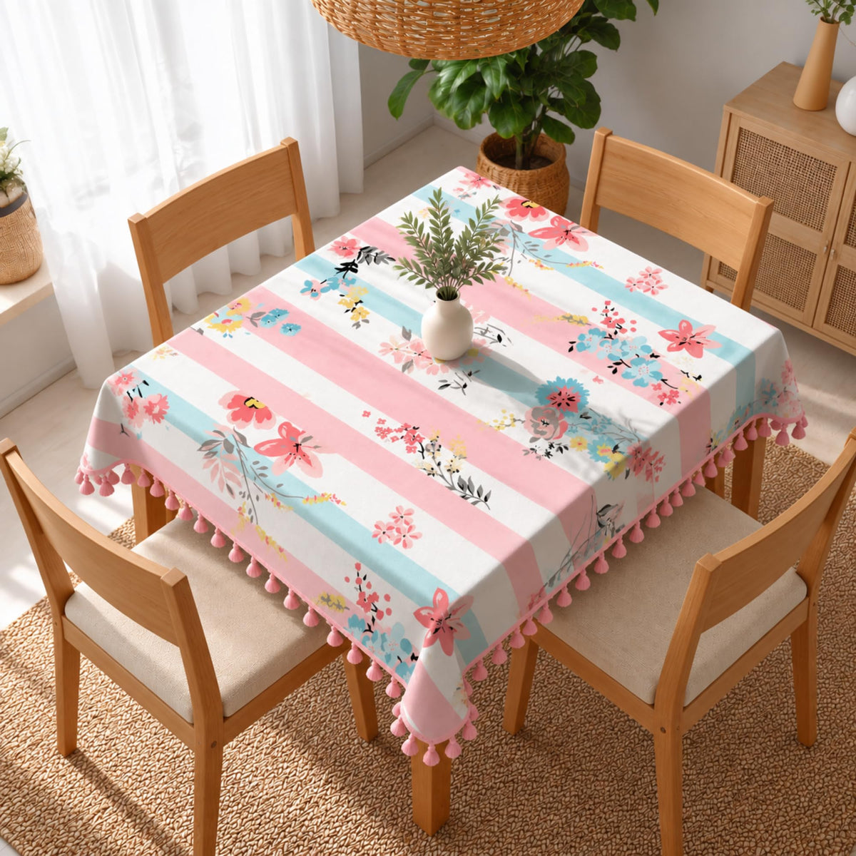Loreto Blush Pink Floral Stripes Cotton Dining Table Cover | 48 x 48 Inches - main product image