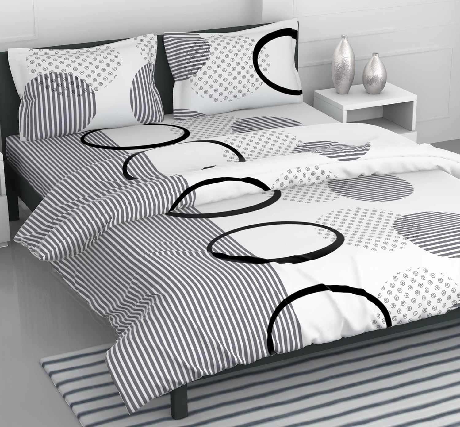 Loreto Cotton Double Bedsheet | White and Dark Grey Geometric