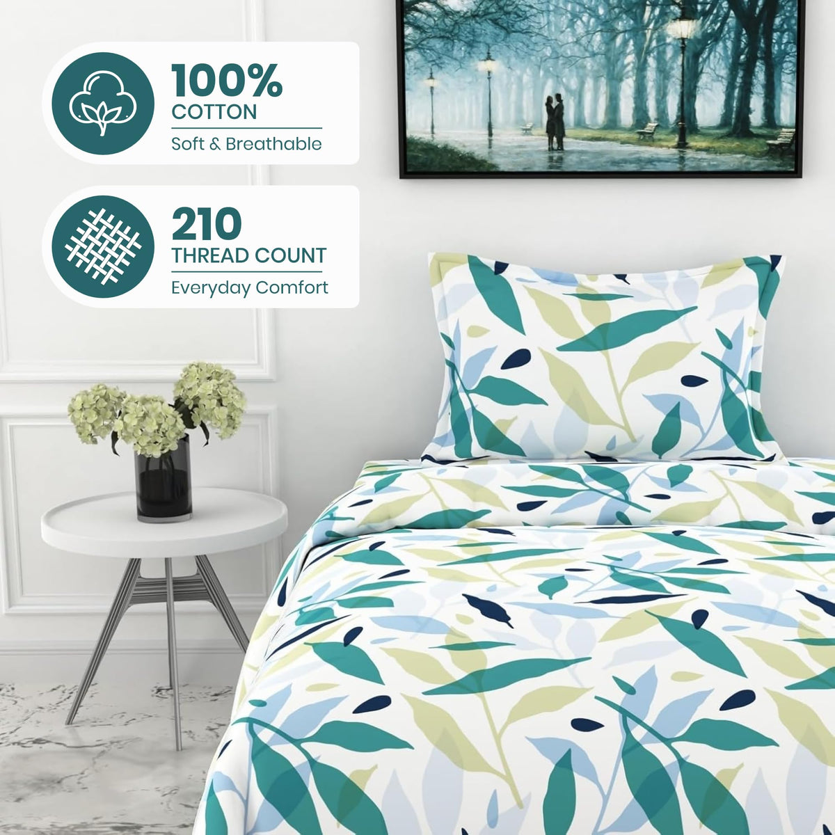 Green Leaf Whisper Single Bedsheet - 210 TC 100% Cotton with 1 Pillow Cover (58 x 88 Inches)