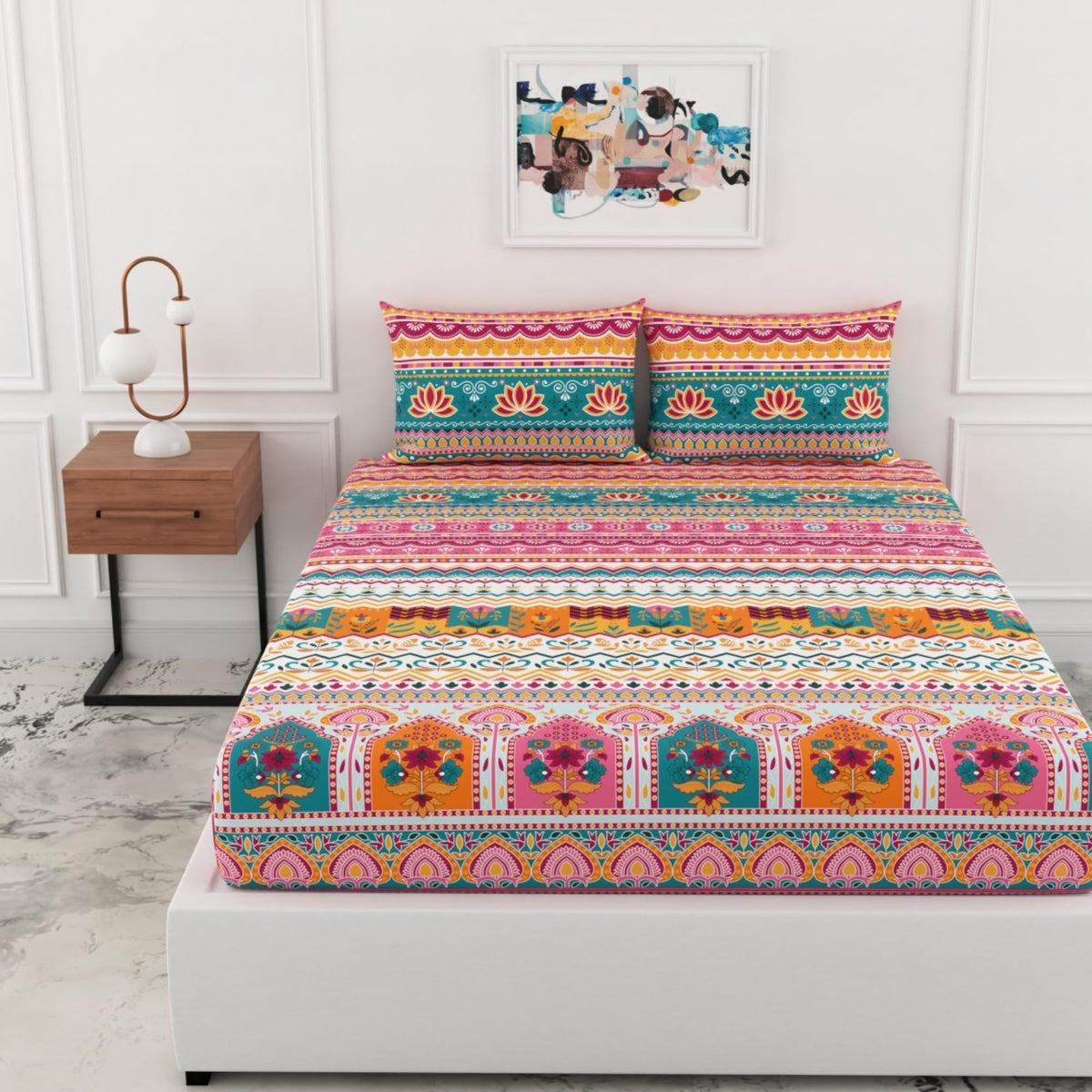 Loreto Multicolor Heritage Arch Stripes Double Fitted Bedsheet | 144 TC | 100% Cotton | Fits 72 x 60 Inches | 8 Inch Pocket - main product image