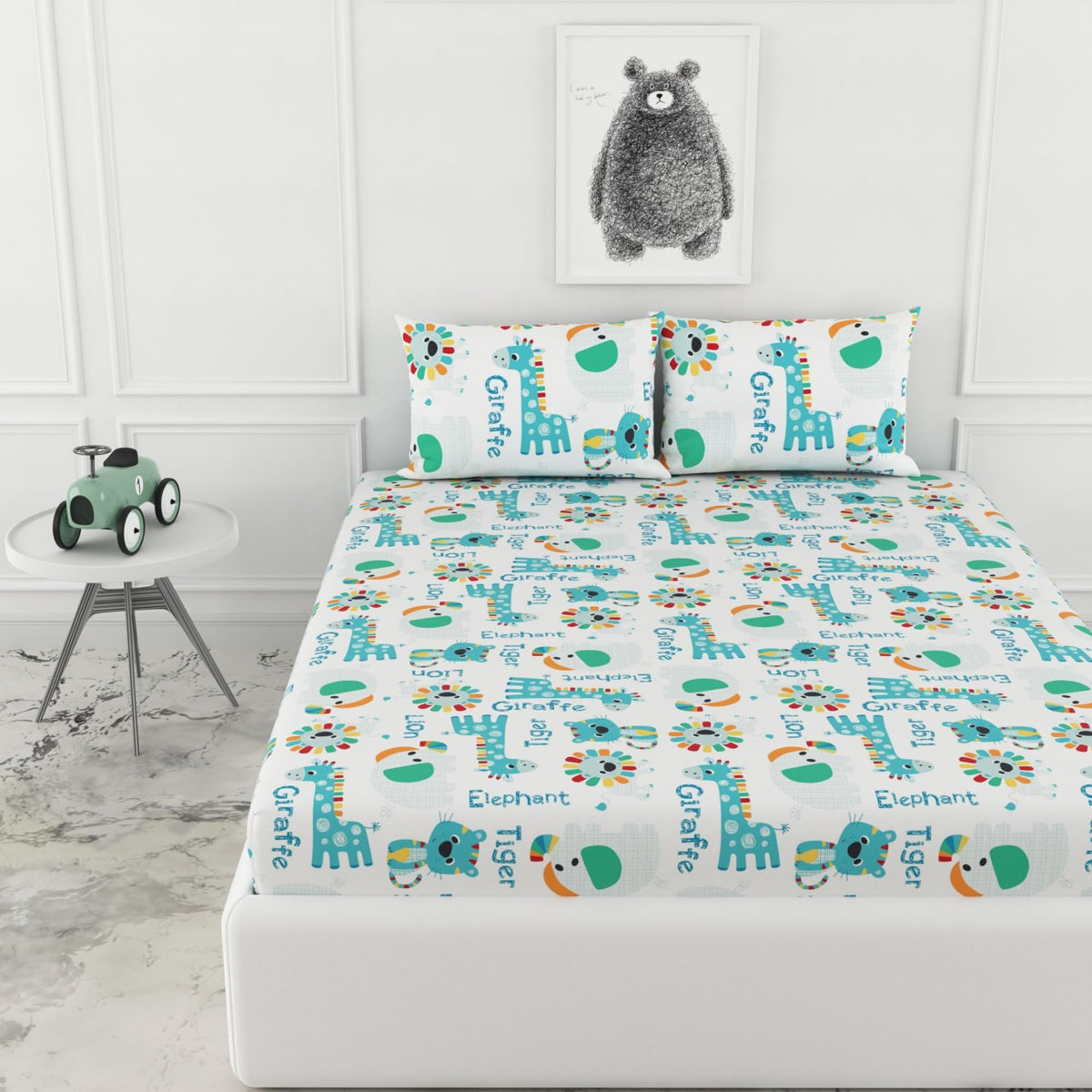 Loreto Aqua & Rainbow Animal Parade Double Fitted Bedsheet | 144 TC | 100% Cotton | Fits 72 x 60 Inches | 8 Inch Pocket - main product image