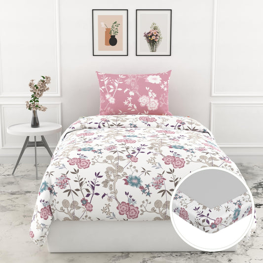 Pink & Teal Blooms 144 TC 100% Cotton Elastic Fitted Single Bedsheet with 1 Pillow Cover - 78 x 36 Inches