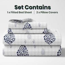 Navy Blue Floral Motif 186 TC Cotton King Size Elastic Fitted Bedsheet with 2 Pillow Covers - 78 x 72 Inches