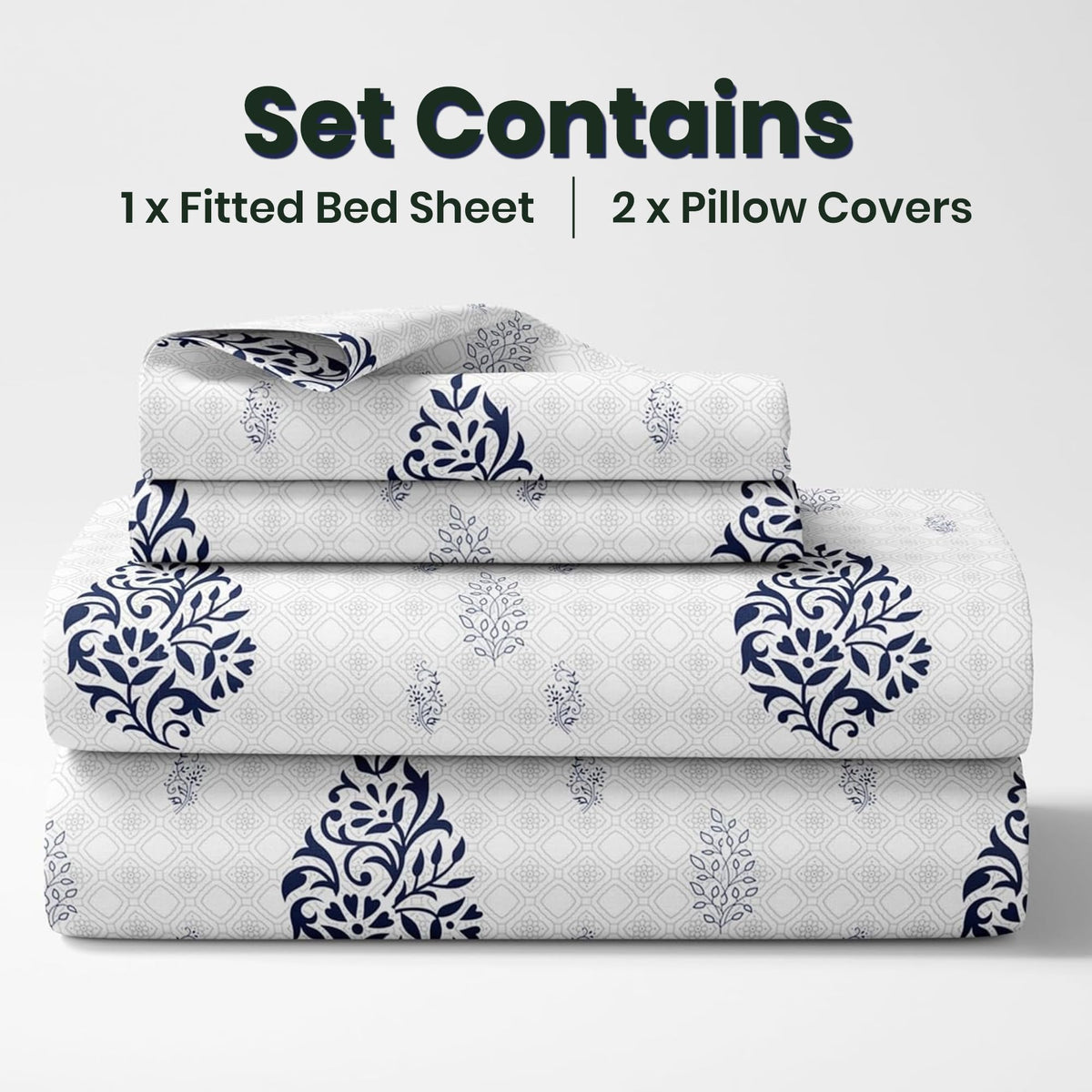 Navy Blue Floral Motif 186 TC Cotton King Size Elastic Fitted Bedsheet with 2 Pillow Covers - 78 x 72 Inches