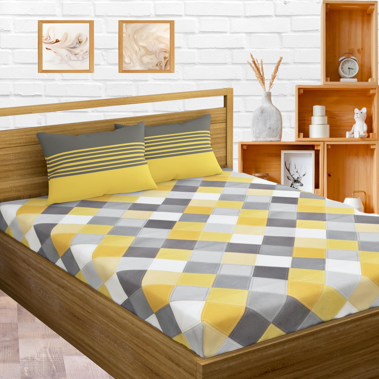 Loreto Cotton Double Bedsheet | Yellow & Grey Checkered