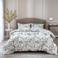 Loreto Cotton King Bedsheet | Sage Green & Silver Blooms Soft & Breathable