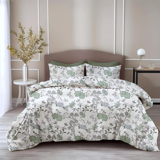 Loreto Cotton King Bedsheet | Sage Green & Silver Blooms Soft & Breathable