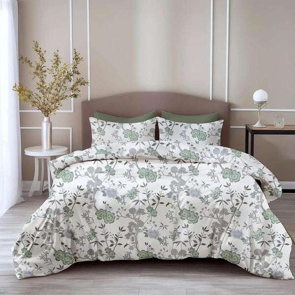 Loreto Cotton King Bedsheet | Sage Green & Silver Blooms Soft & Breathable