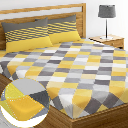 Loreto Cotton Double Fitted Bedsheet | Yellow & Grey Checkered