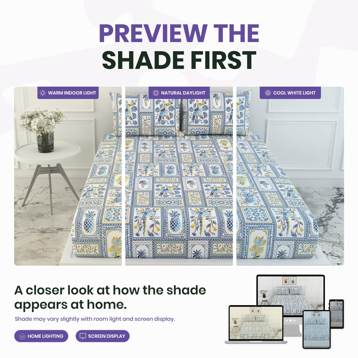Parrot Flora Print 100% Cotton Double Fitted Bedsheet with 2 Pillow Covers, 144 TC, 78 x 60 Inches