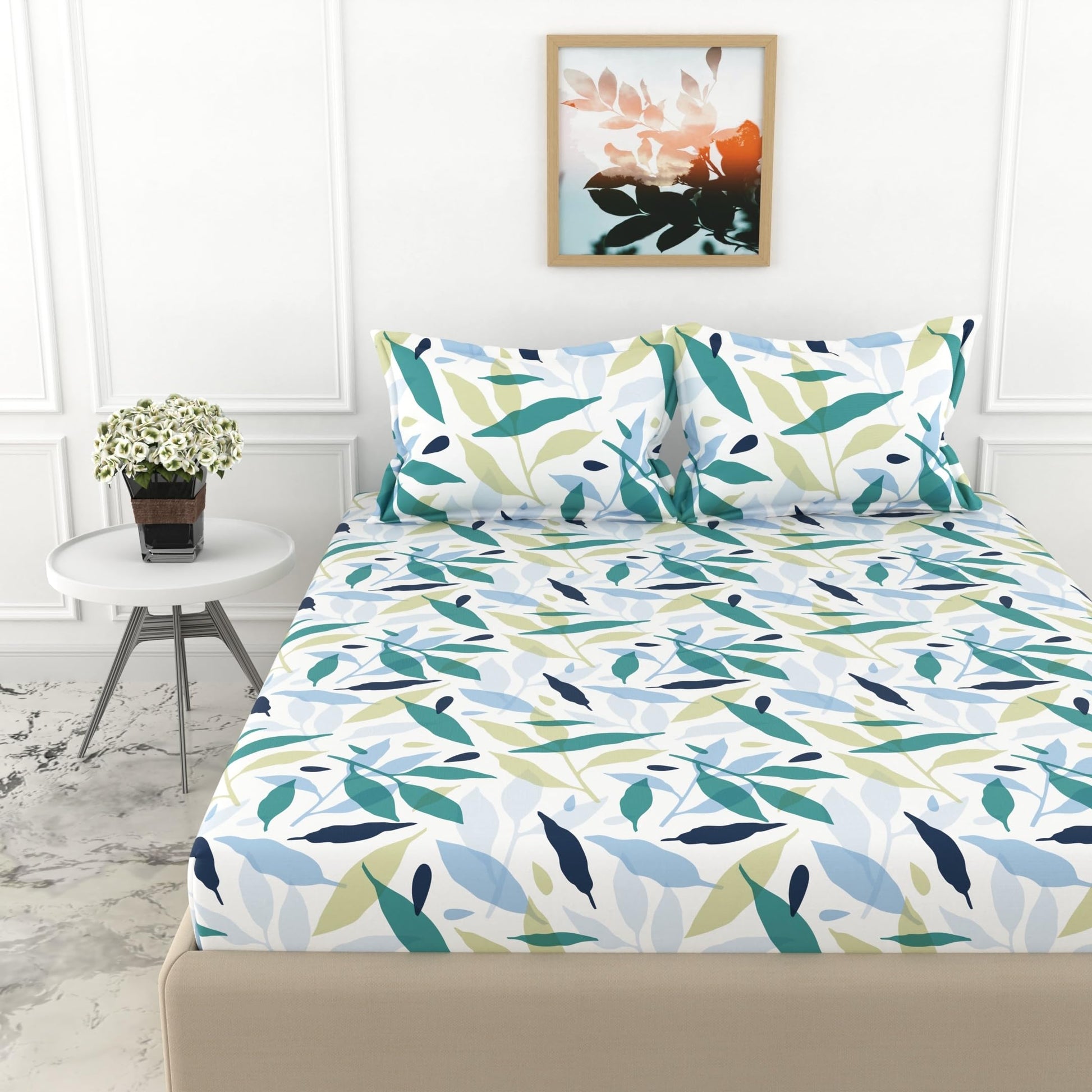 Green Leaf Double Bedsheet - 210 TC 100% Cotton with 2 Pillow Covers (90 x 90 Inches)
