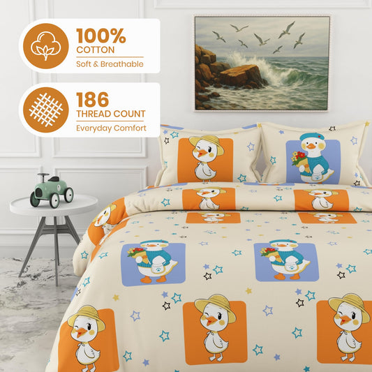 Playful Ducks on Creamy Beige 186 TC Cotton Double Bedsheet, 90 x 90 Inches — Soft Percale Weave with 2 Pillow Covers, Durable & Breathable