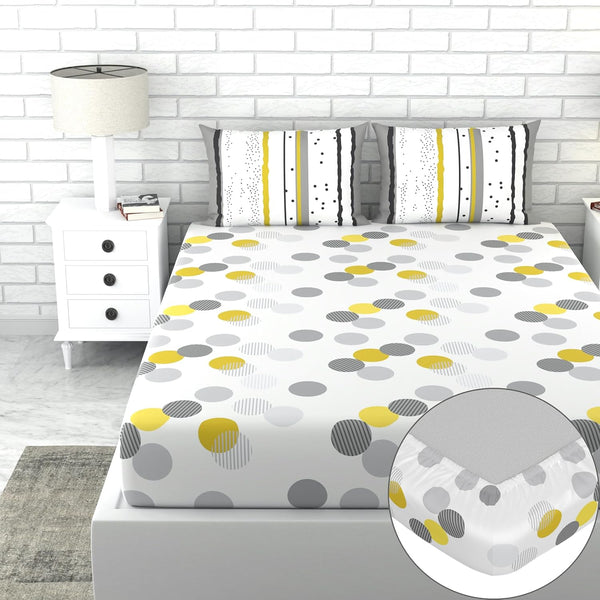 Loreto Cotton King Fitted Bedsheet | Grey and Yellow Polka Dots