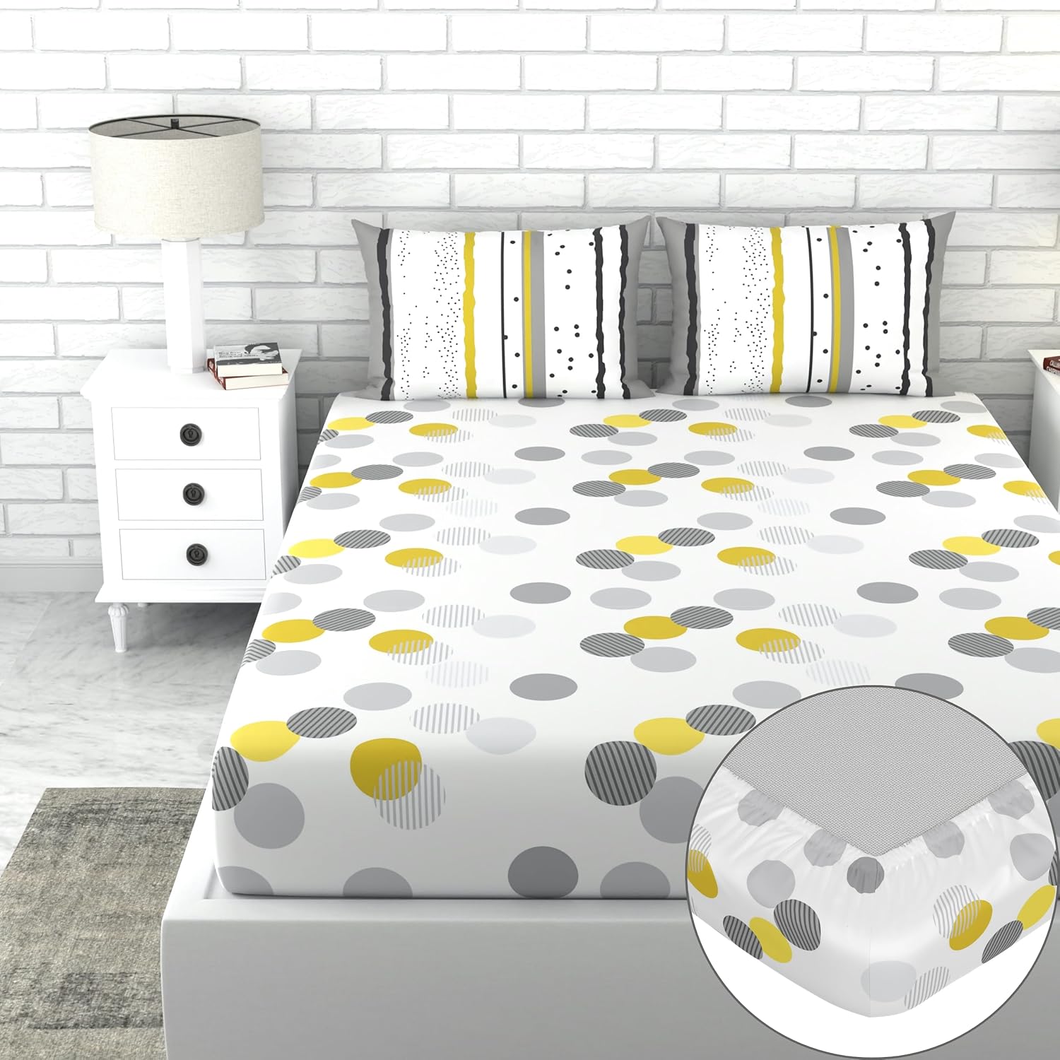 Loreto Cotton Double Fitted Bedsheet | Grey and Yellow Polka Dots