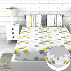 Loreto Cotton Double Fitted Bedsheet | Grey and Yellow Polka Dots