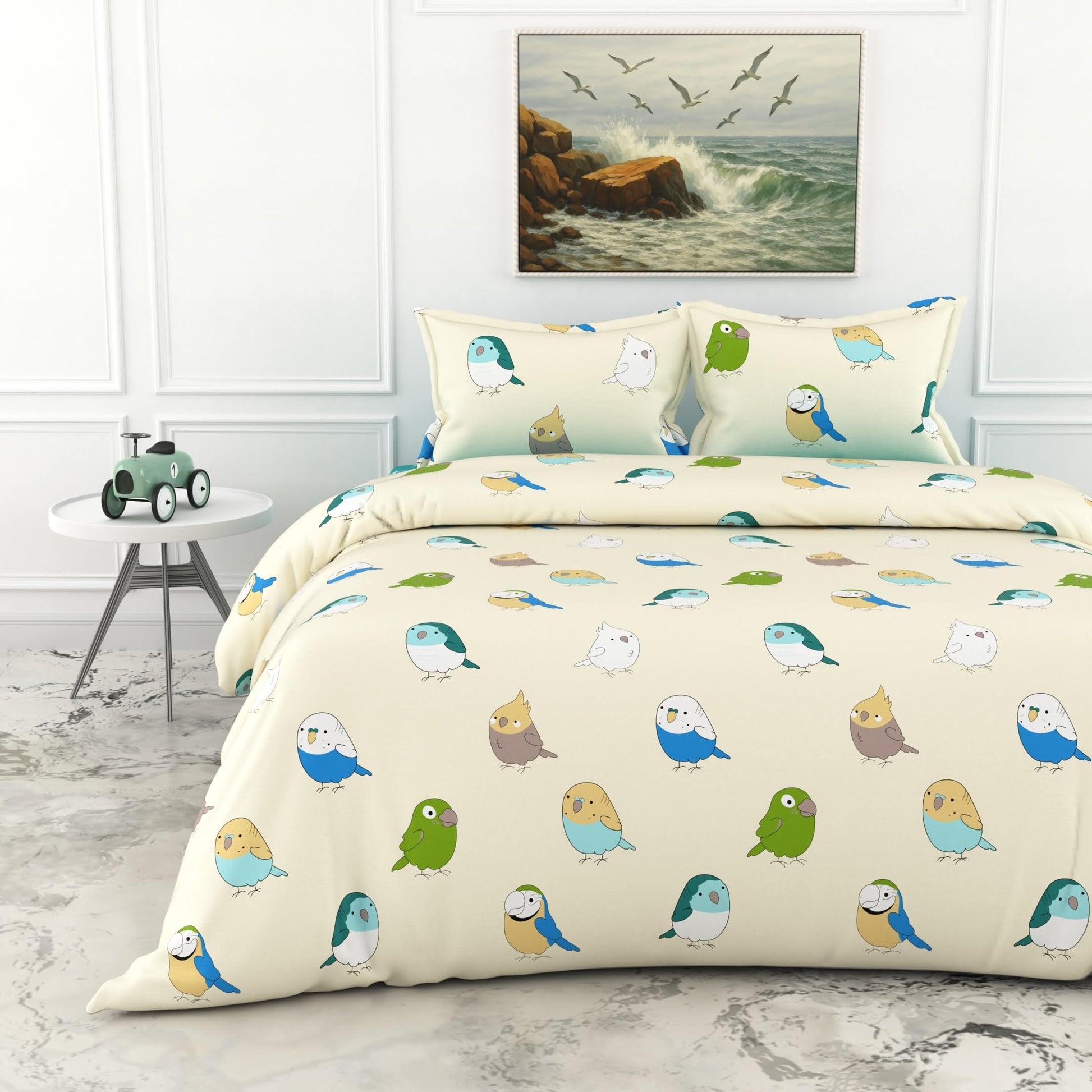 Multicolor Birds on Soft Beige 186 TC Cotton Double Bedsheet, 90 x 90 Inches - Soft Percale Weave with 2 Pillow Covers, Durable & Breathable