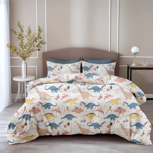 Loreto Cotton King Bedsheet | Coral Blue Dino Party Soft & Breathable
