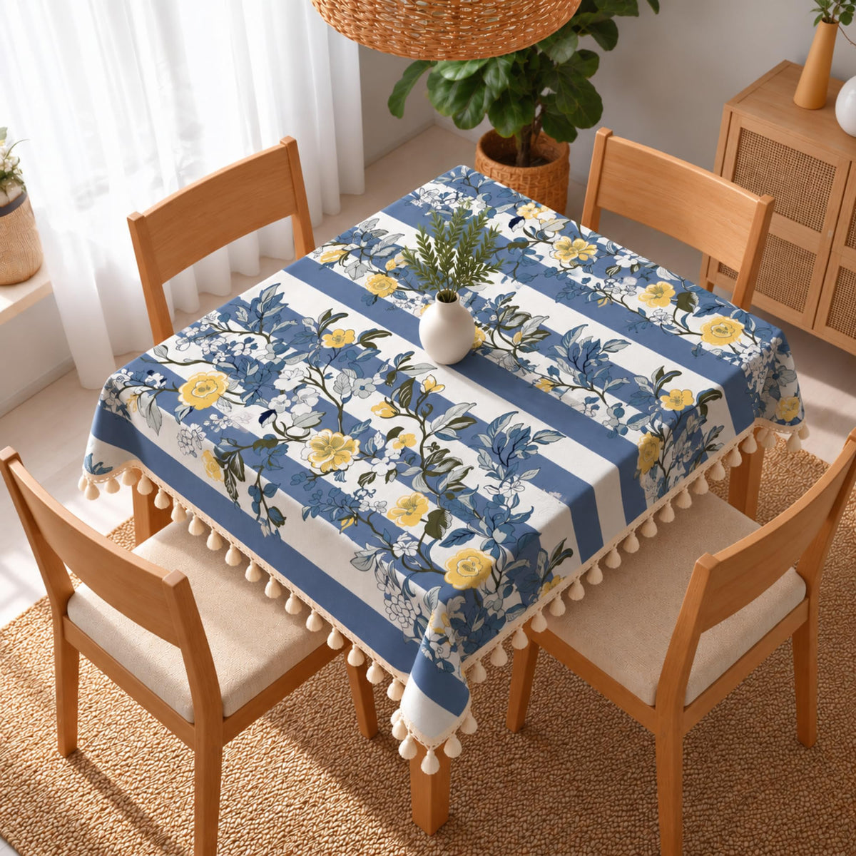 Loreto Navy Gold Floral Stripes Cotton Dining Table Cover | 48 x 48 Inches - main product image
