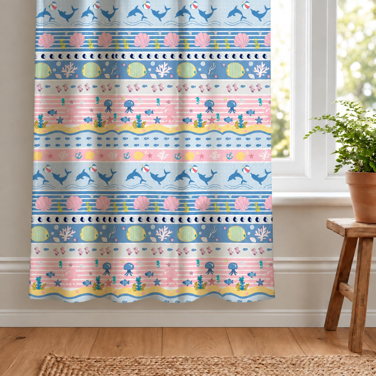 Loreto Pastel Blue Sea Life Curtain | Set of 1 | 48 x 60 Inches - main product image