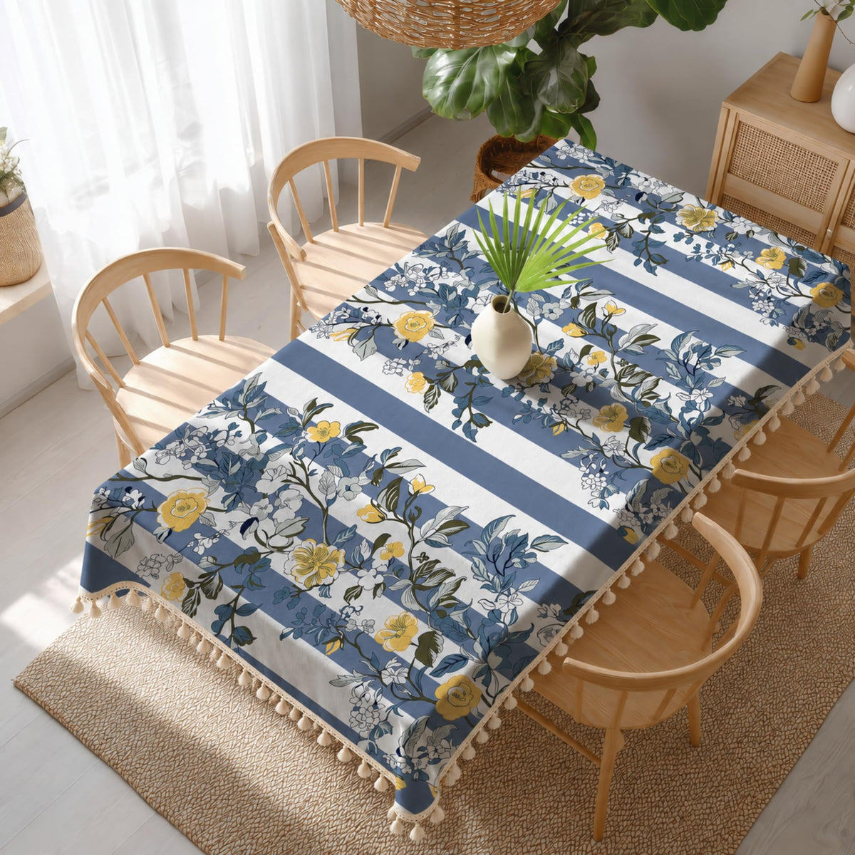 Loreto Navy Gold Floral Stripes Cotton Dining Table Cover | 48 x 60 Inches - main product image