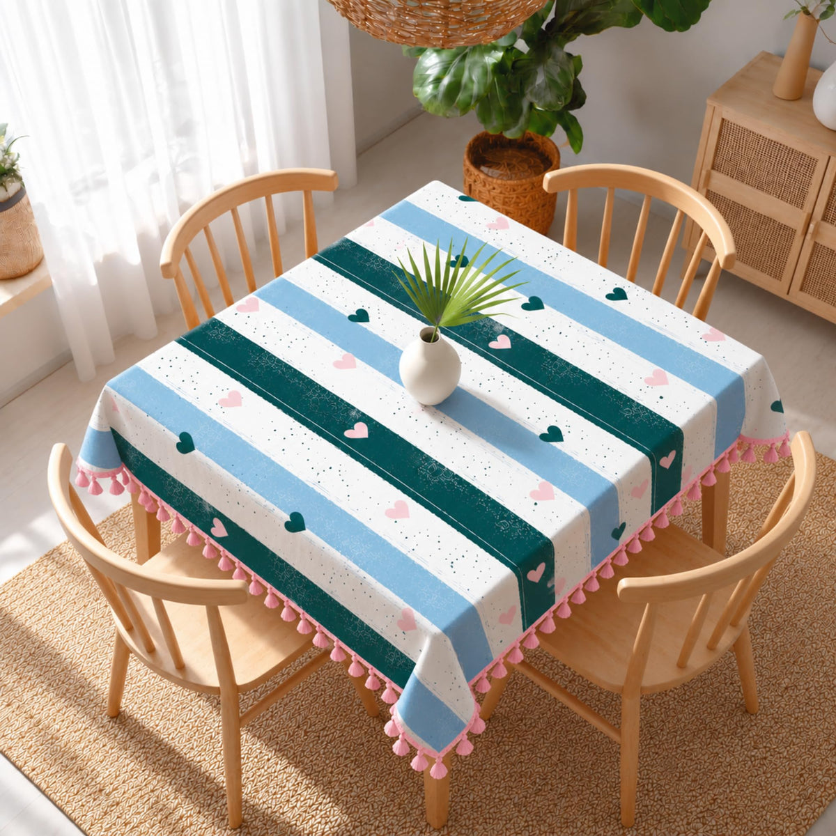 Loreto Teal Pink Heart Stripes Cotton Dining Table Cover | 48 x 48 Inches - main product image