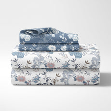 Dusty Blue & Blush Garden Soft & Breathable 100% Cotton Flat King Bedsheet, 144 TC