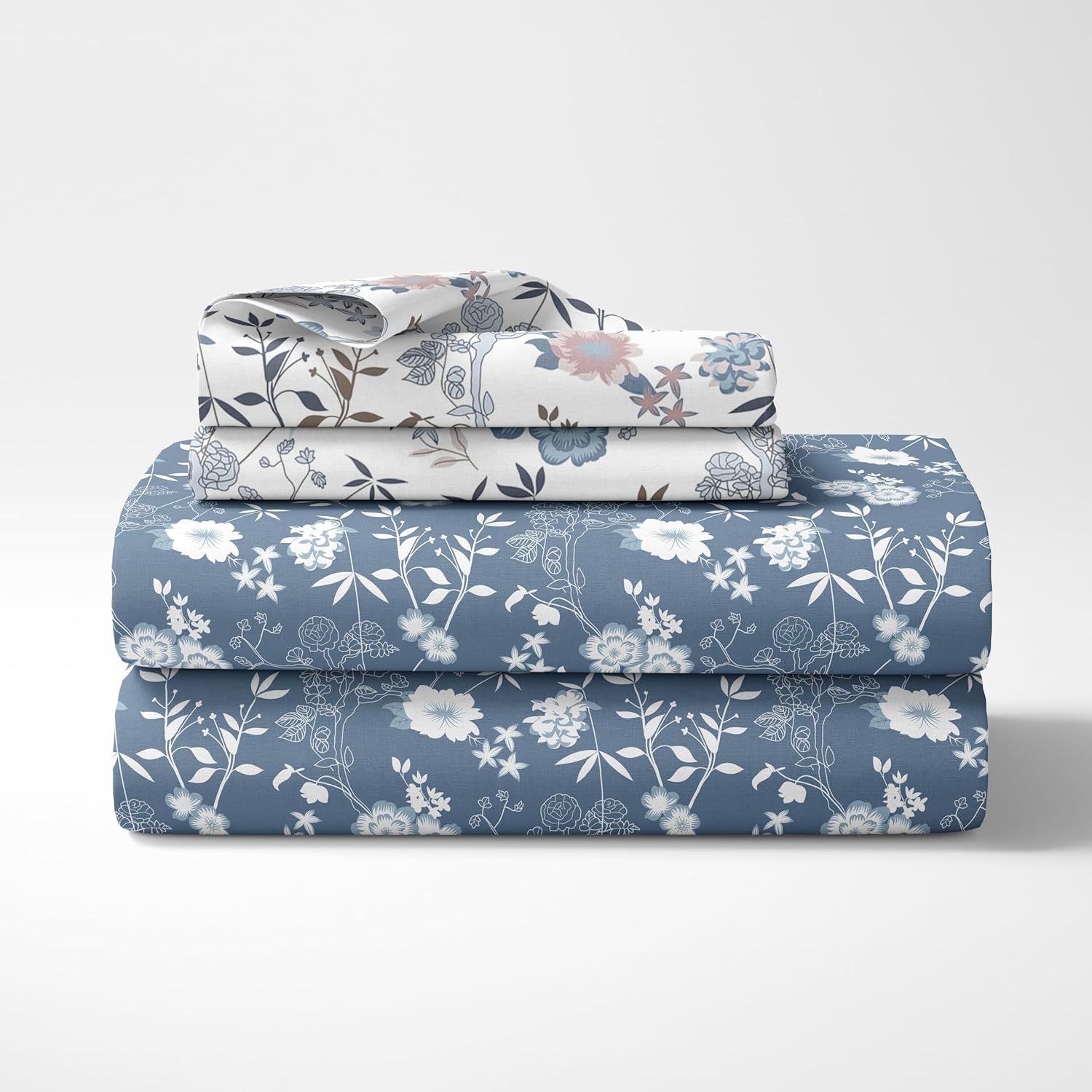Blush Blue Floral Vines Soft & Breathable 100% Cotton Flat Single Bedsheet, 144 TC