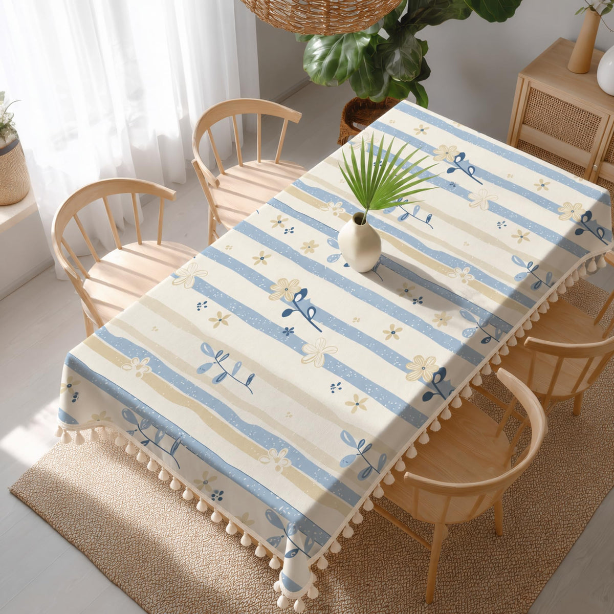 Loreto Powder Blue Daisy Stripes Cotton Dining Table Cover | 48 x 60 Inches - main product image