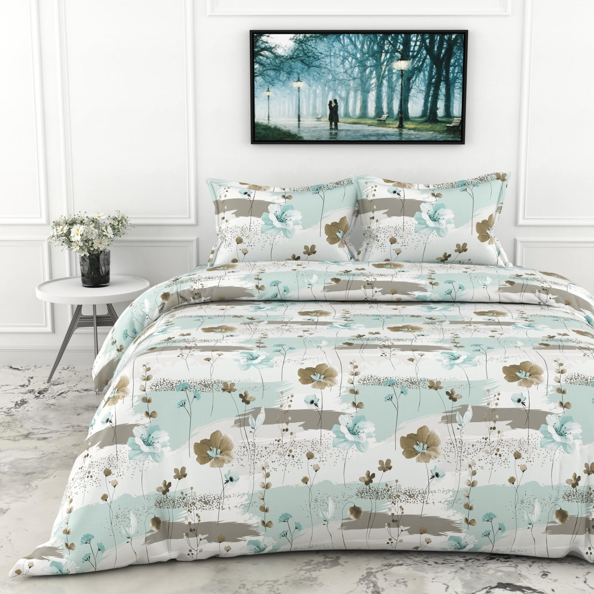 Green & Beige Double Bedsheet - 210 TC 100% Cotton with 2 Pillow Covers (90 x 90 Inches)