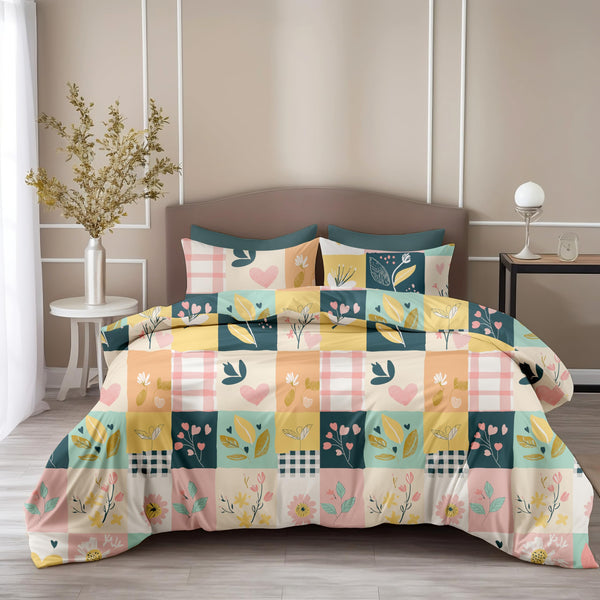 Loreto Cotton Double Bedsheet | Pastel Garden on White Grid 186 TC Cotton , 90 x 90 Inches - Soft Percale Weave with 2 Covers, Durable & Breathable