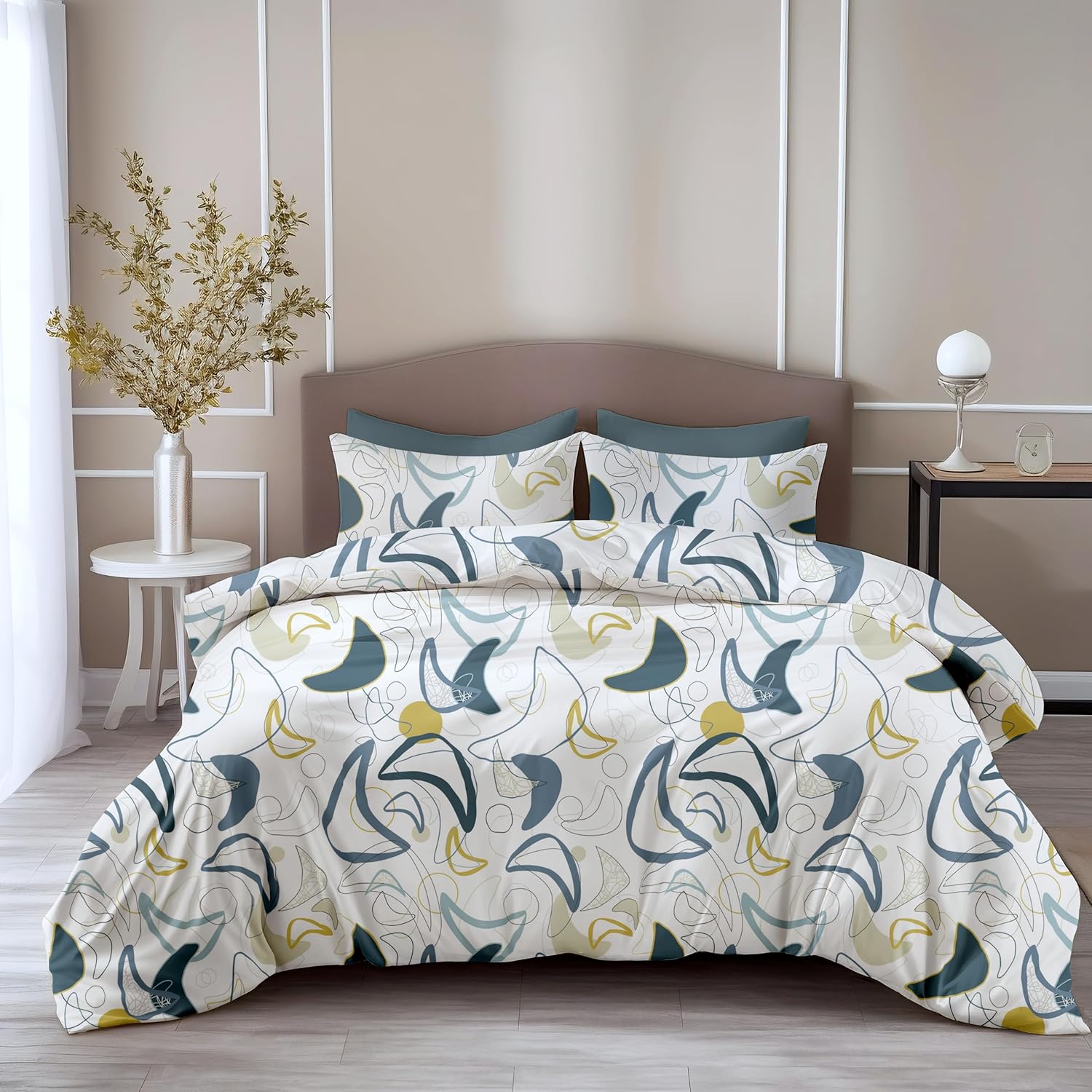 Loreto Cotton King Bedsheet | Deep Blue & Olive Abstract Waves Soft & Breathable