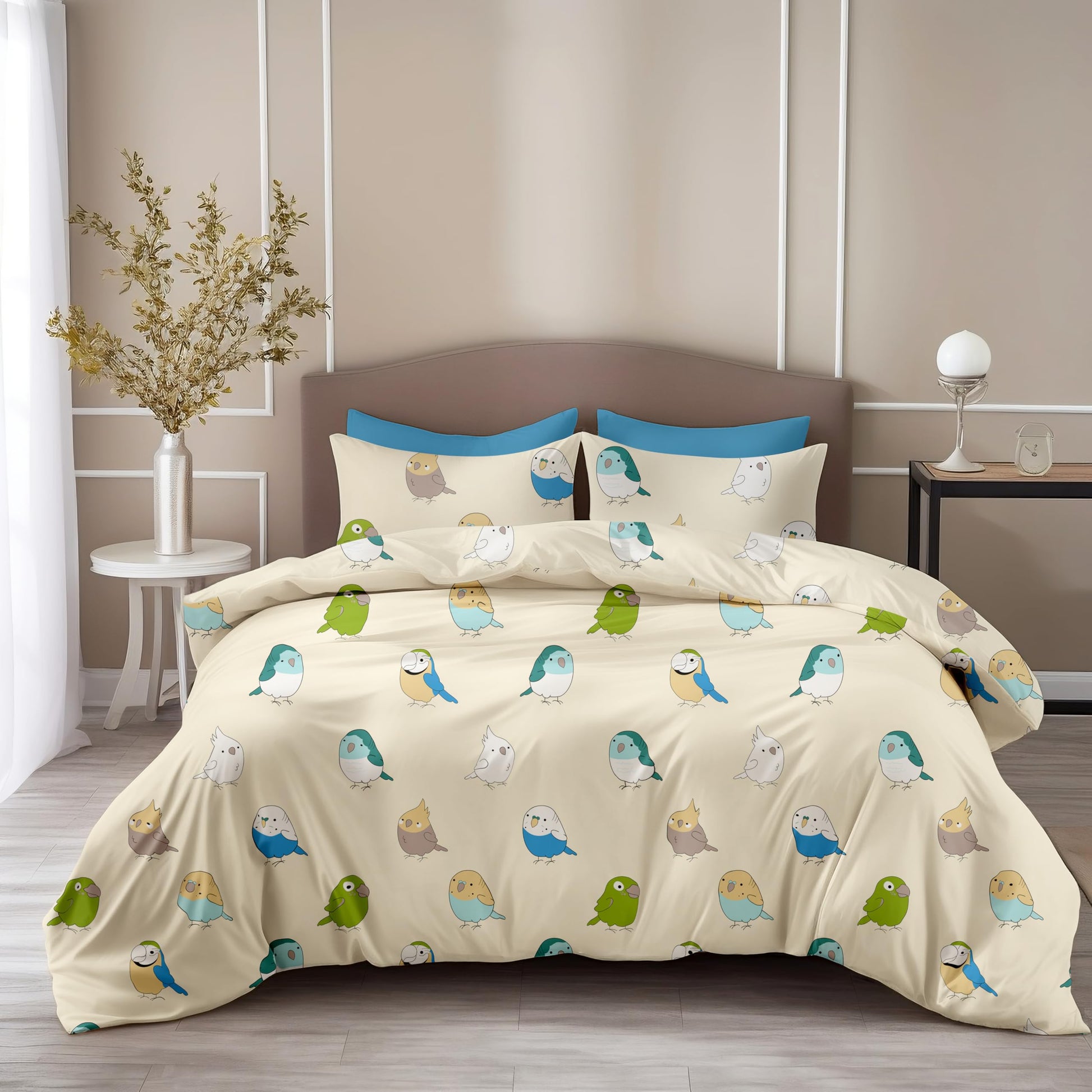 Loreto Cotton Double Bedsheet | Multicolor Birds on Soft Beige 186 TC Cotton , 90 x 90 Inches - Soft Percale Weave with 2 Covers, Durable & Breathable