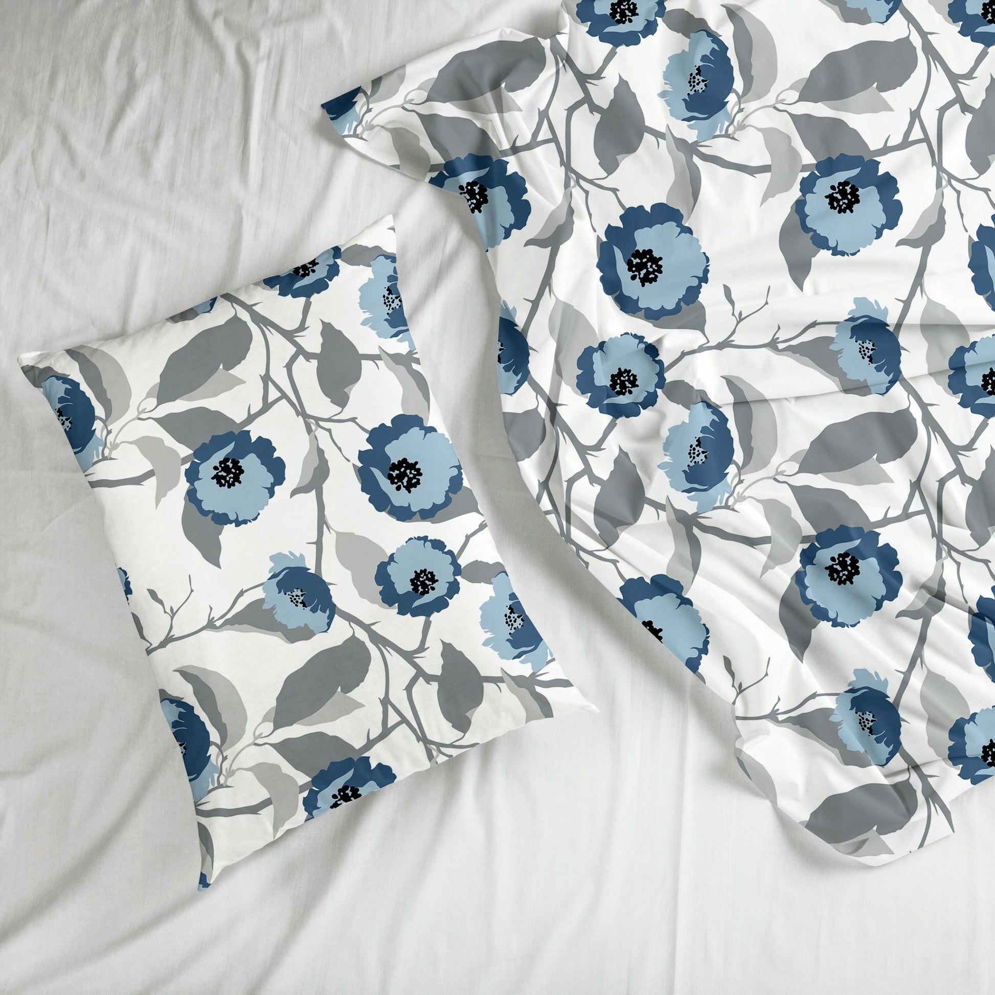 Blue & Grey Bloom 100% Pure Cotton Double Bedsheet, 186 TC, 90 x 108 Inches, Soft & Breathable with 2 Pillow Covers