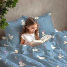 Pastel Blue Duck Party 100% Cotton King Size Bedsheet with 2 Pillow Covers, 144 TC, 104 x 104 Inches