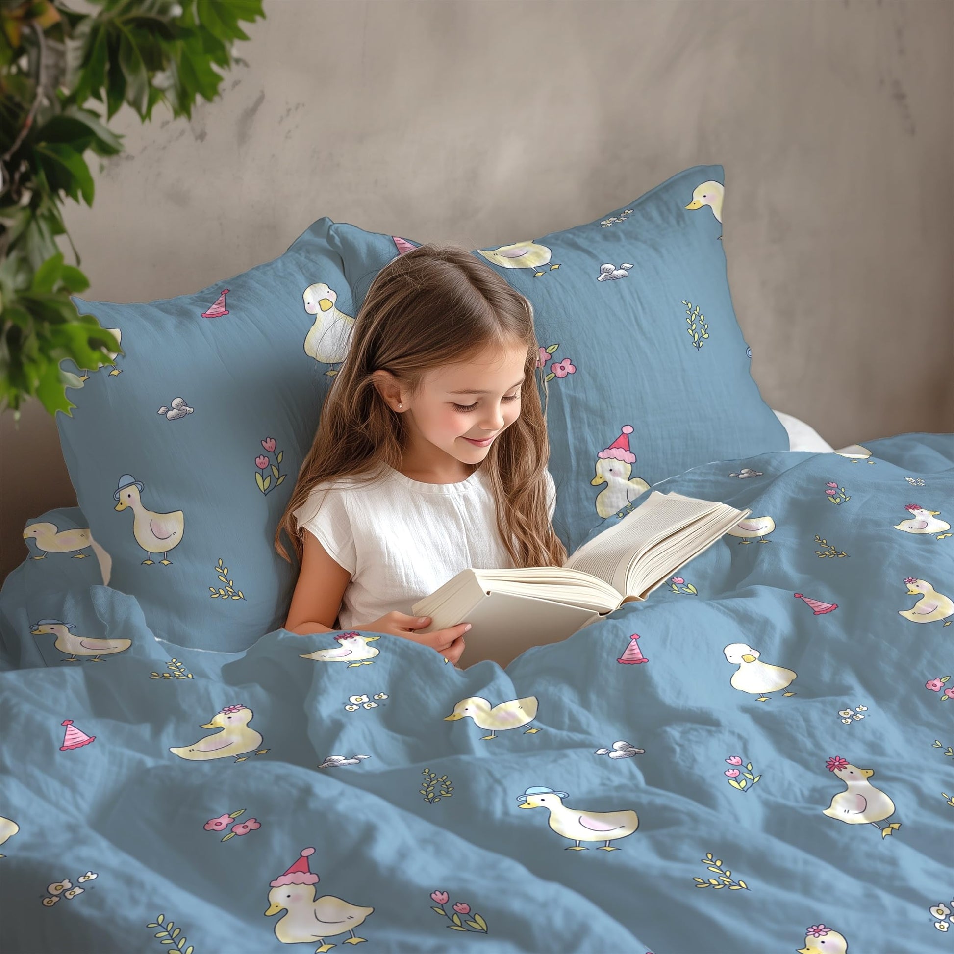Pastel Blue Duck Party 100% Cotton King Size Bedsheet with 2 Pillow Covers, 144 TC, 104 x 104 Inches