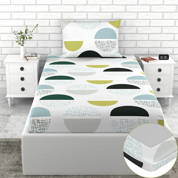 Loreto Cotton Single Fitted Bedsheet | Charcoal Grey & Mustard Yellow Modern Geometric