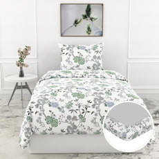 Green & Silver Blooms 144 TC 100% Cotton Elastic Fitted Single Bedsheet with 1 Pillow Cover - 78 x 36 Inches