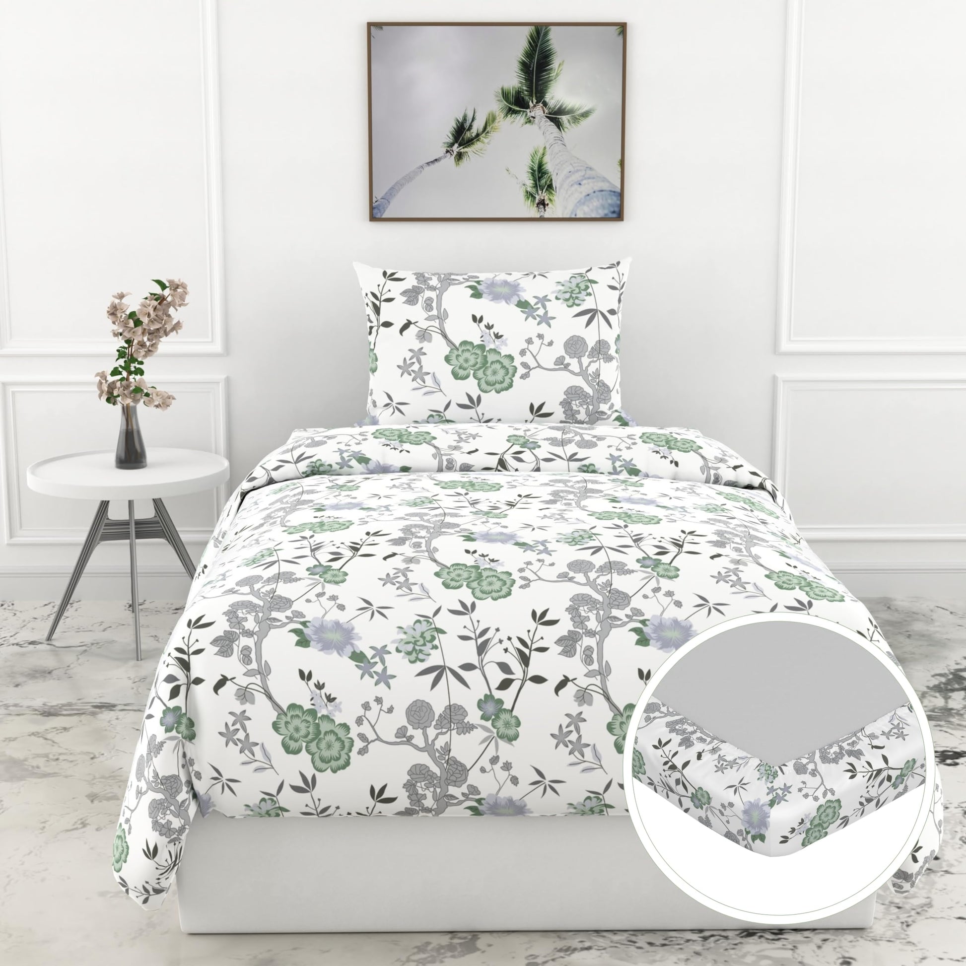 Green & Silver Blooms 144 TC 100% Cotton Elastic Fitted Single Bedsheet with 1 Pillow Cover - 78 x 36 Inches