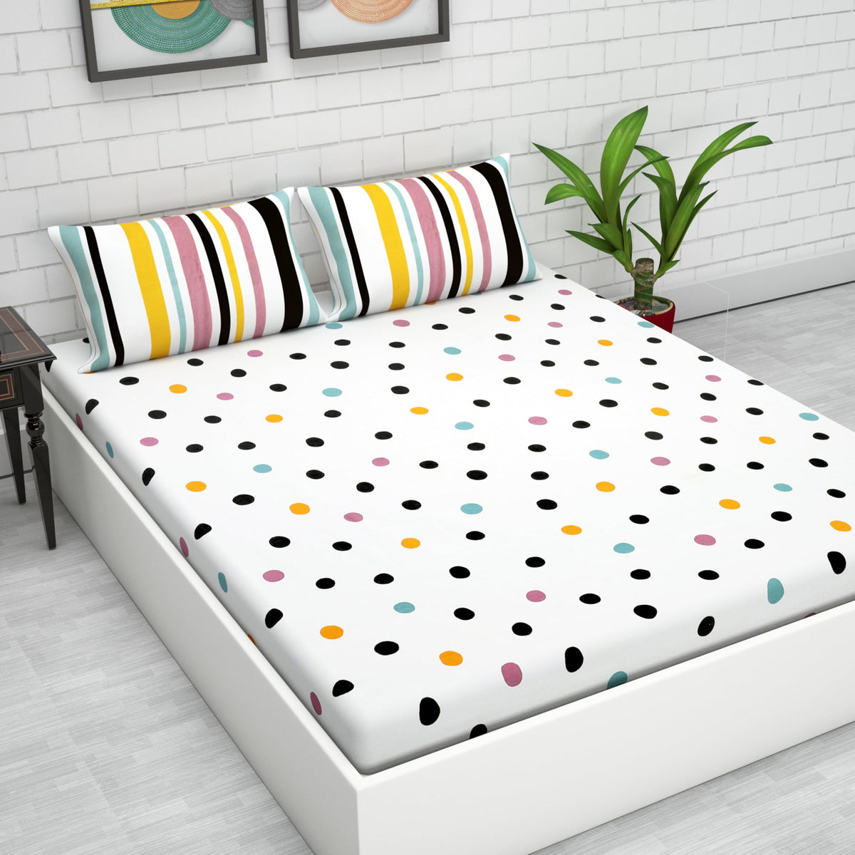 Loreto white Base Lemon Drops Double Fitted Bedsheet | 144 TC | 100% Cotton | Fits 78 x 60 Inches | 8 Inch Pocket - main product image
